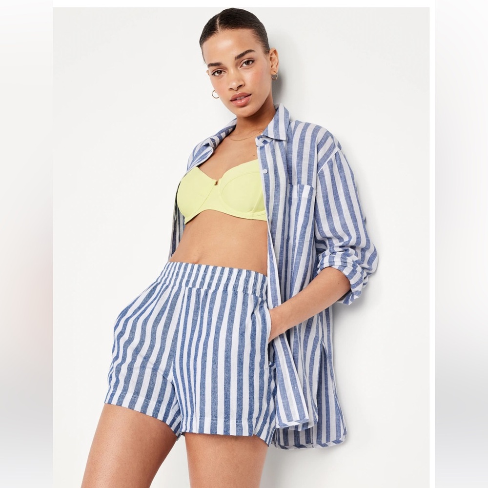 H & M striped linen high waisted shorts (beige & white)